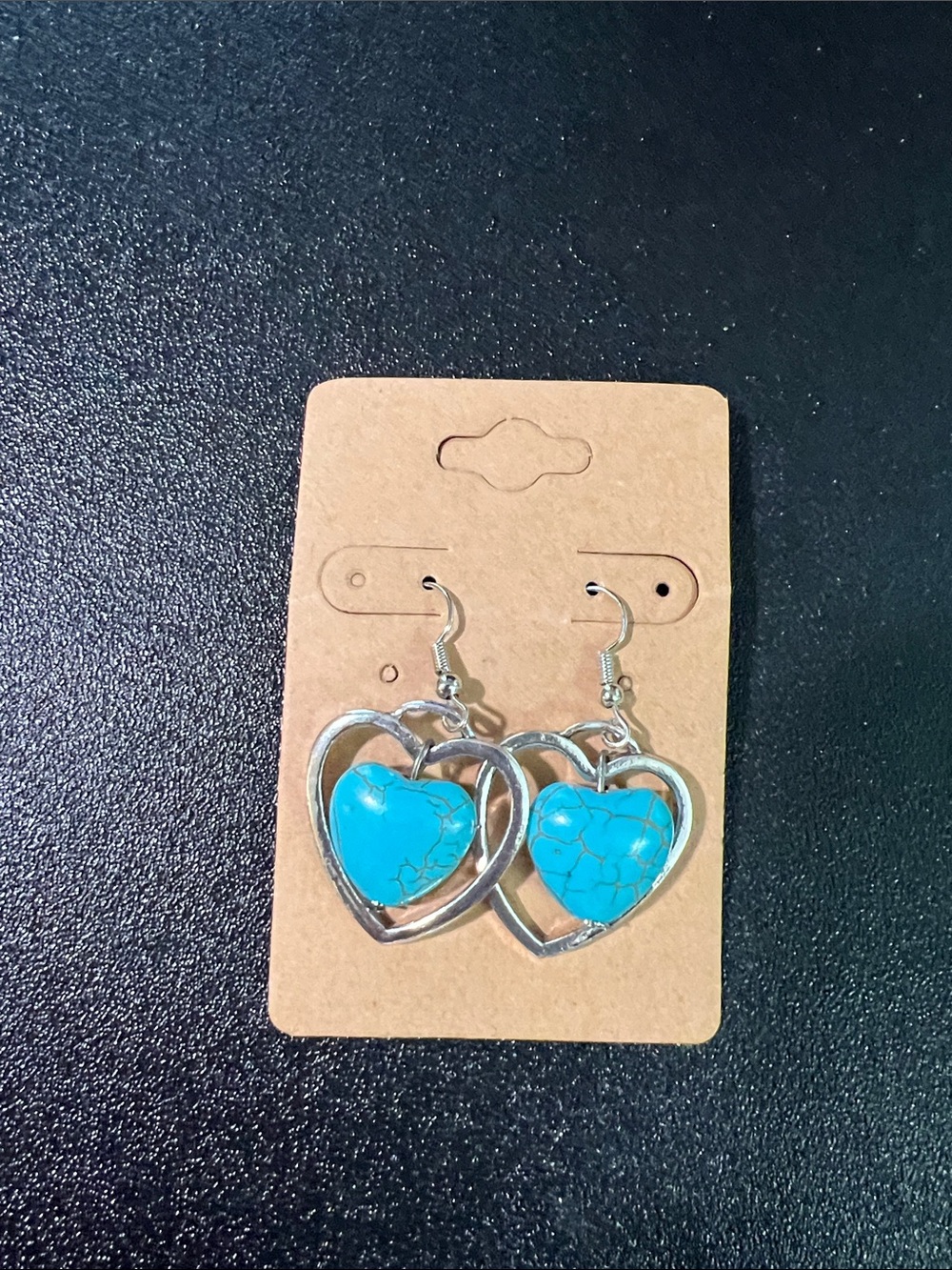 Turquoise Heart Drop Earrings in Silver Tone Bohemian Chunky